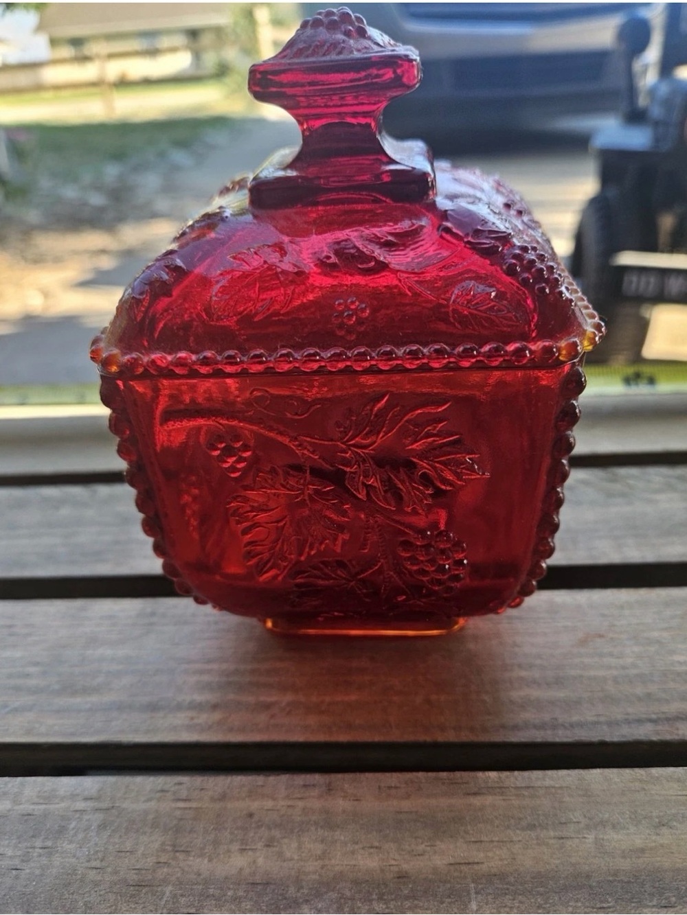 Fenton Ruby Red Covered Candy Dish Grape & Leaf Pattern w/ original label